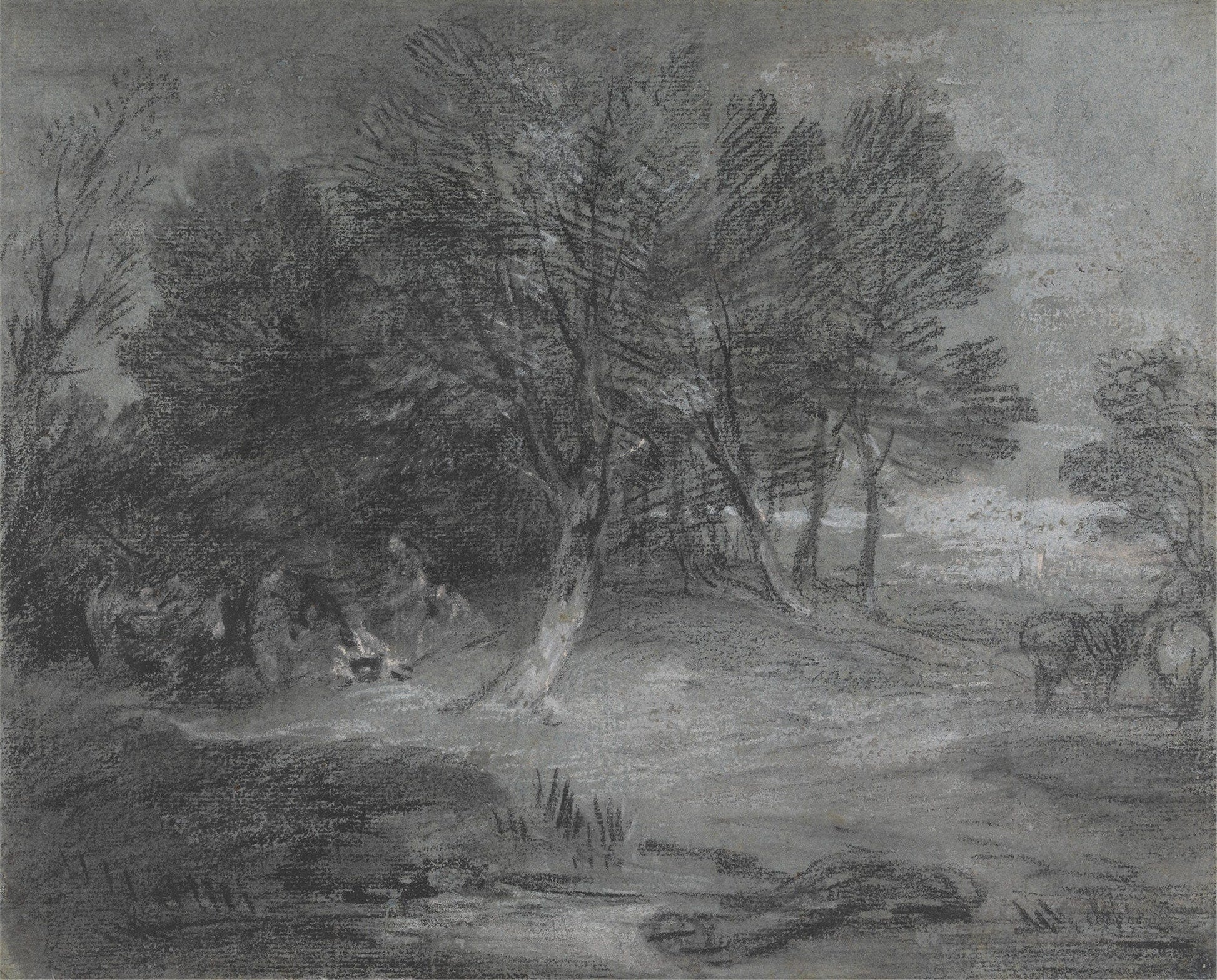 Wooded Landscape With Gypsy Encampment Between And by Thomas Gainsborough