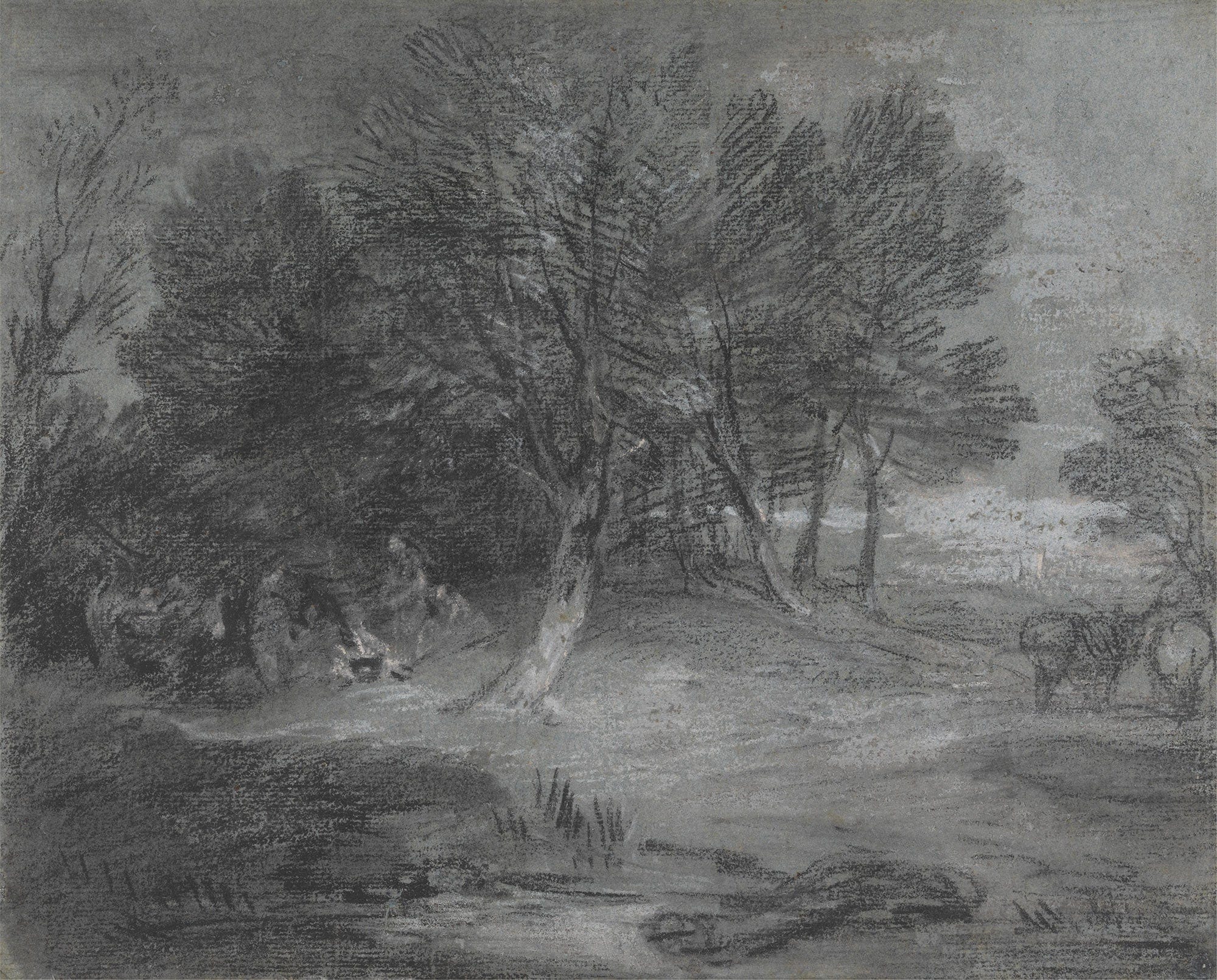 Wooded Landscape With Herdsman Cows And Cottage Between And by Thomas Gainsborough