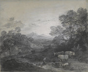 Wooded Landscape With Herdsmen And Cattle Buildings On A Hill And Rustic Lovers by Thomas Gainsborough