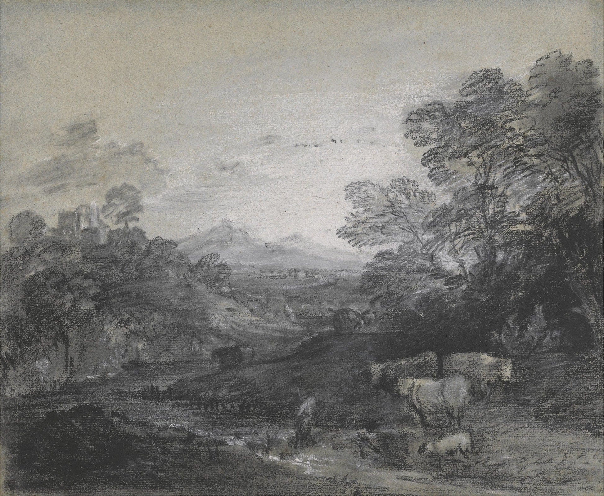 Wooded Landscape With Herdsmen And Cattle Buildings On A Hill And Rustic Lovers by Thomas Gainsborough