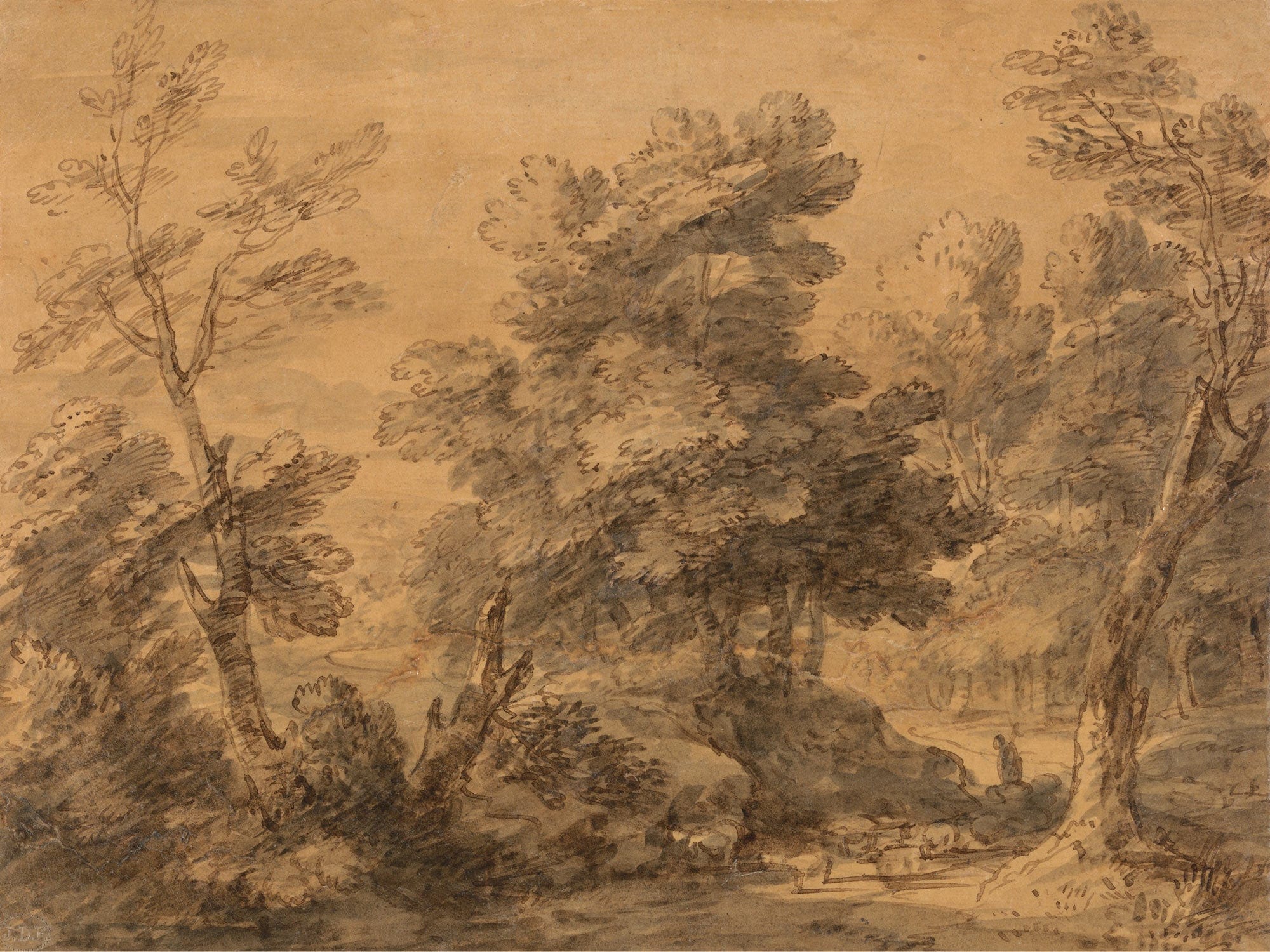 Wooded Landscape With Shepherd And Sheep Between And by Thomas Gainsborough