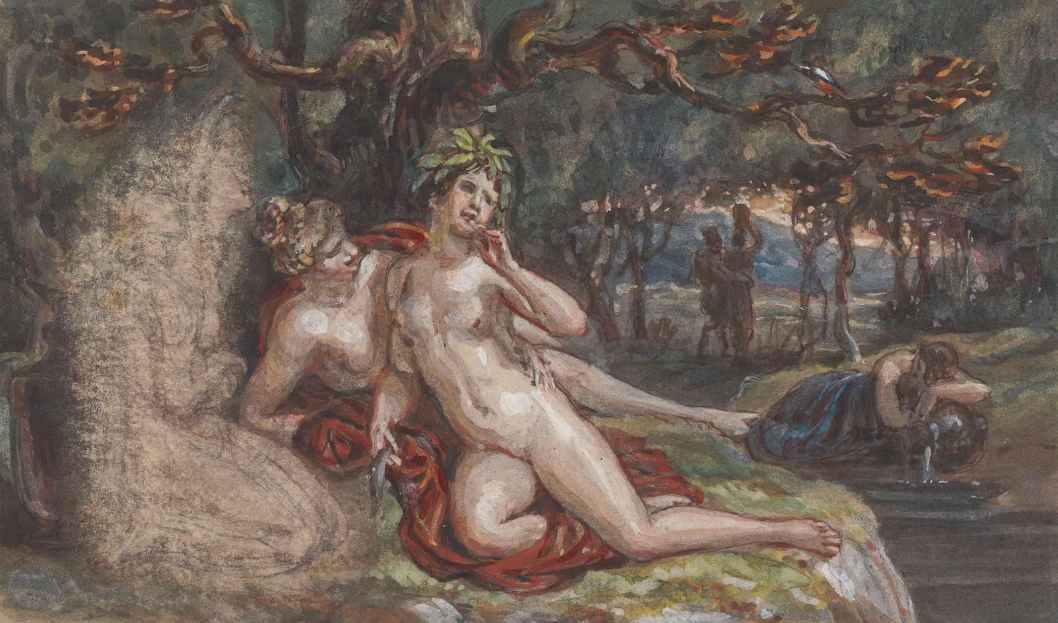 Wooded Scene With A Couple Laying Under A Tree By A Stream by Robert Smirke