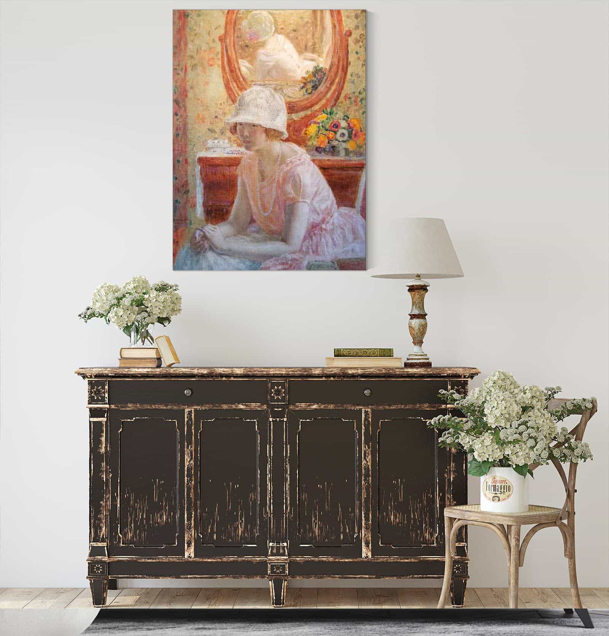 Young Girl Before A Mirror In A Pink Dress by Frederick Carl Frieseke