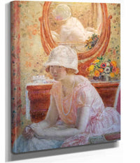 Young Girl Before A Mirror In A Pink Dress by Frederick Carl Frieseke