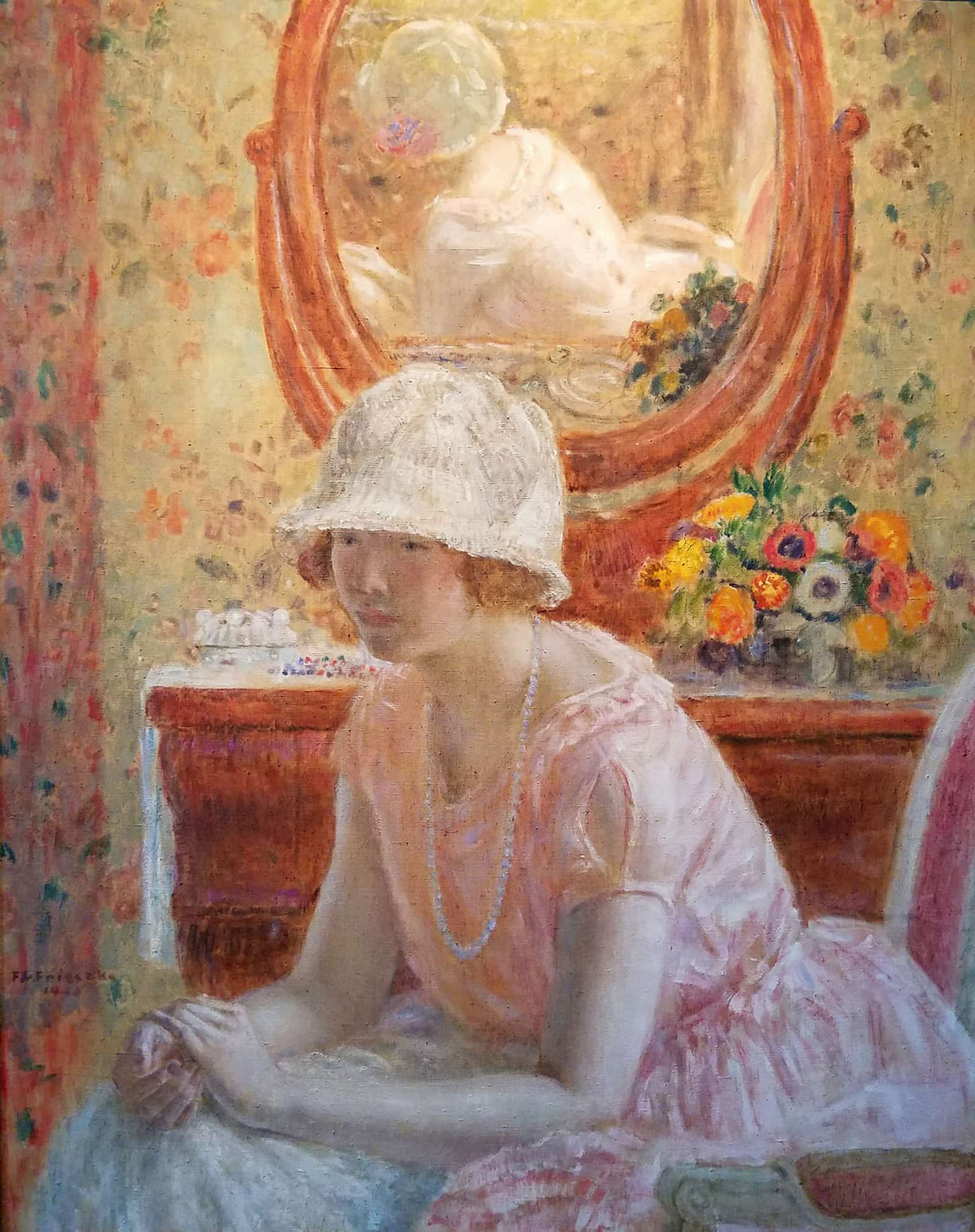 Young Girl Before A Mirror In A Pink Dress by Frederick Carl Frieseke