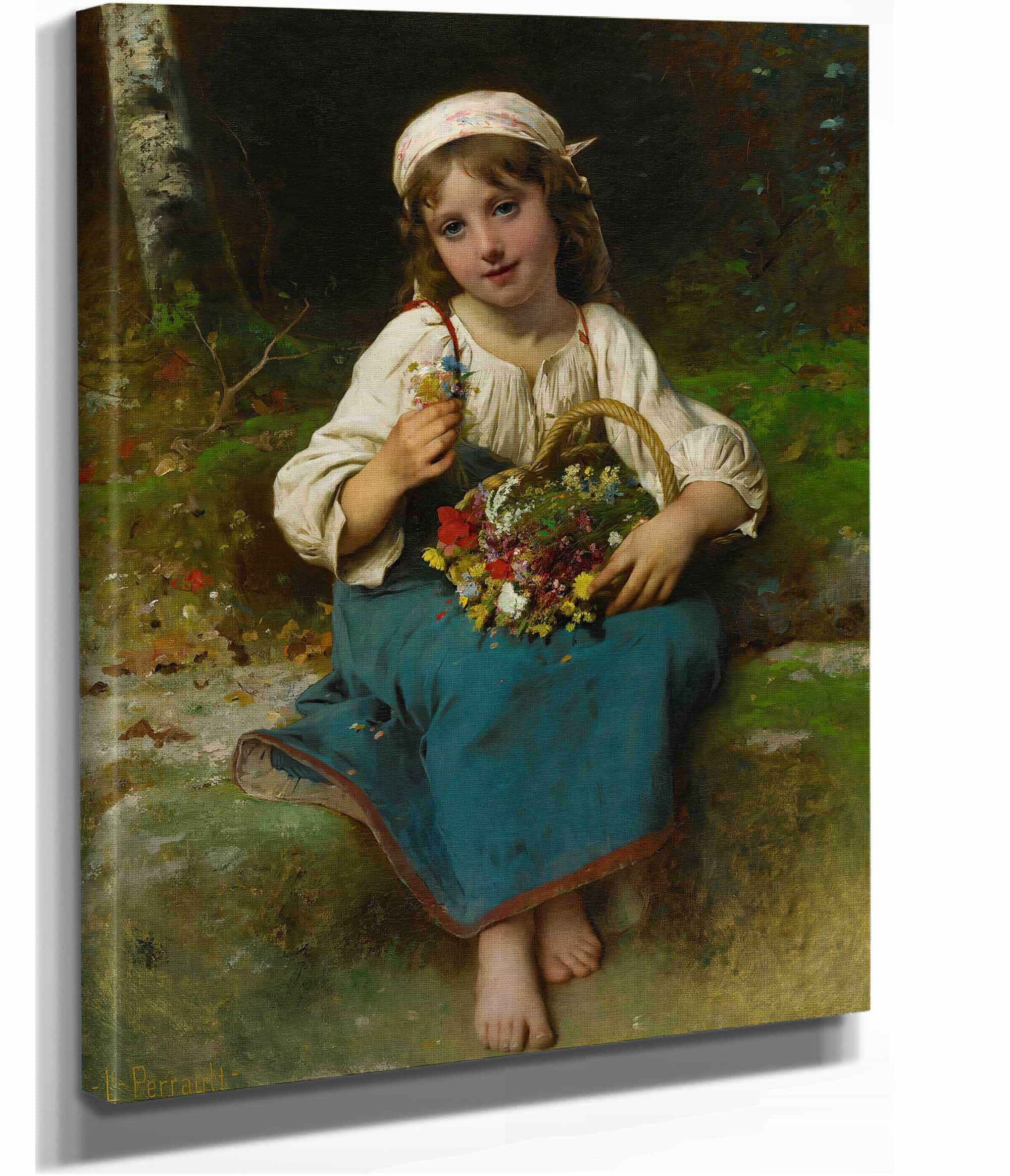 Young Girl With A Basket Of Flowers by Leon Jean Basile Perrault