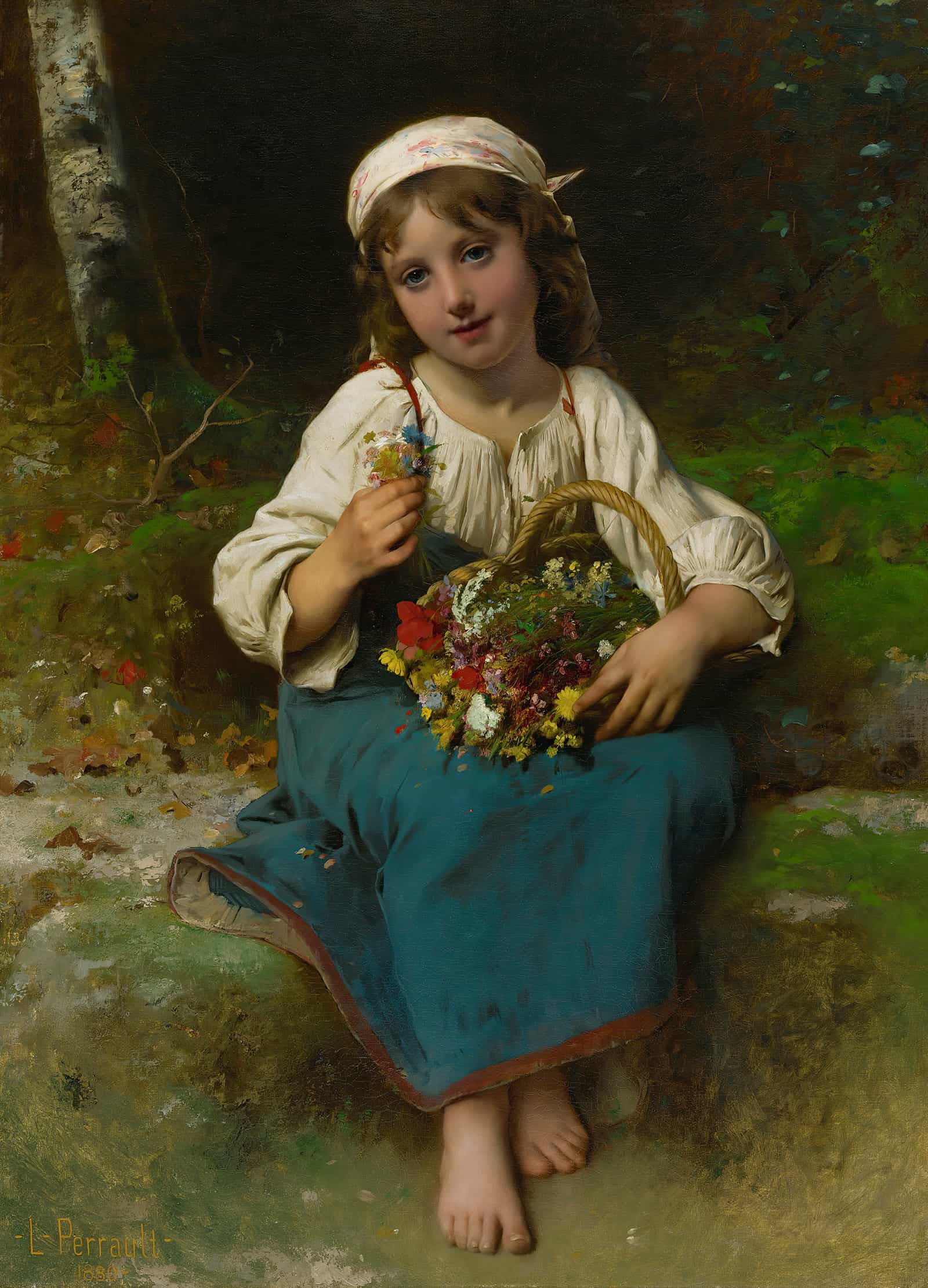 Young Girl With A Basket Of Flowers by Leon Jean Basile Perrault