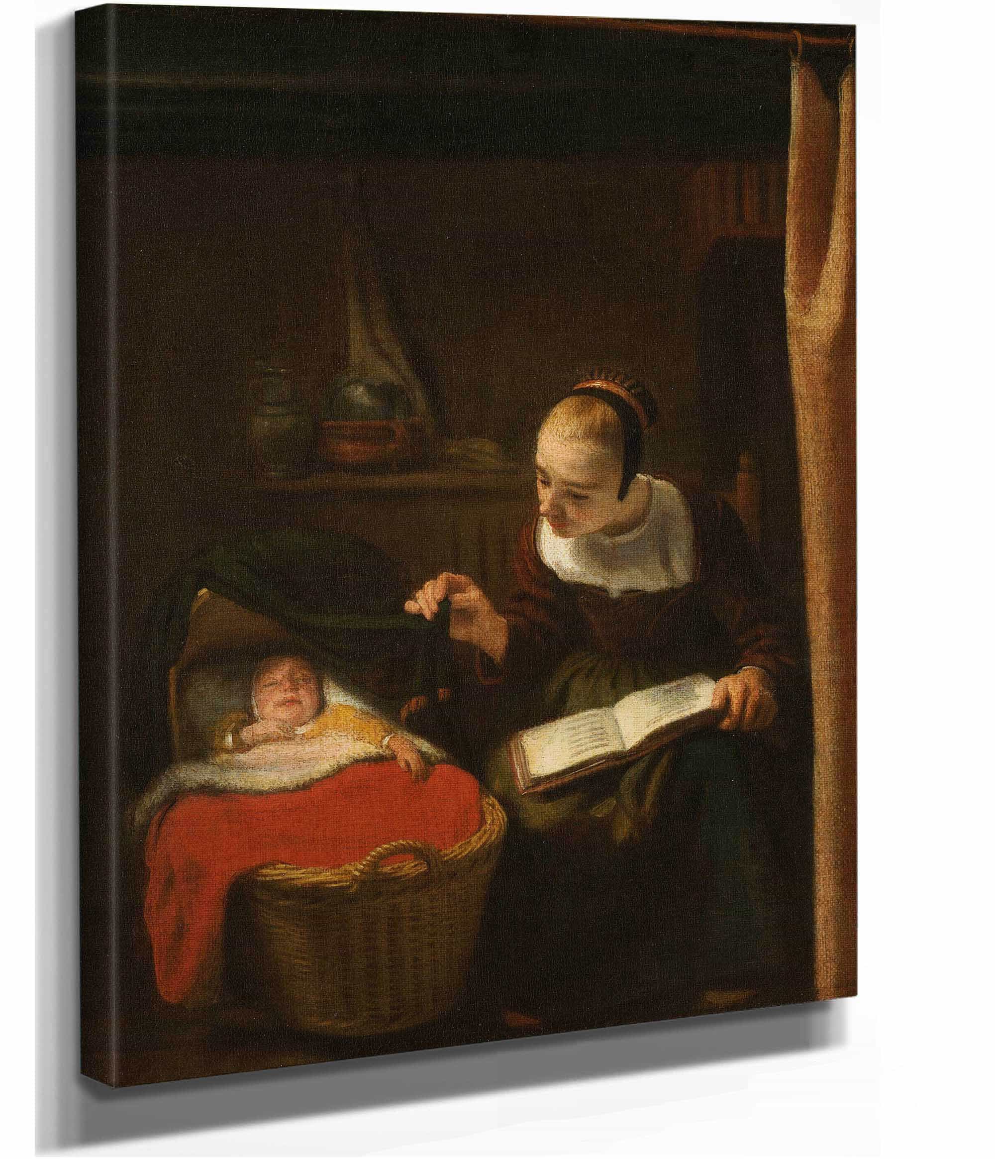 Young Woman At A Cradle  by Nicolaes Maes