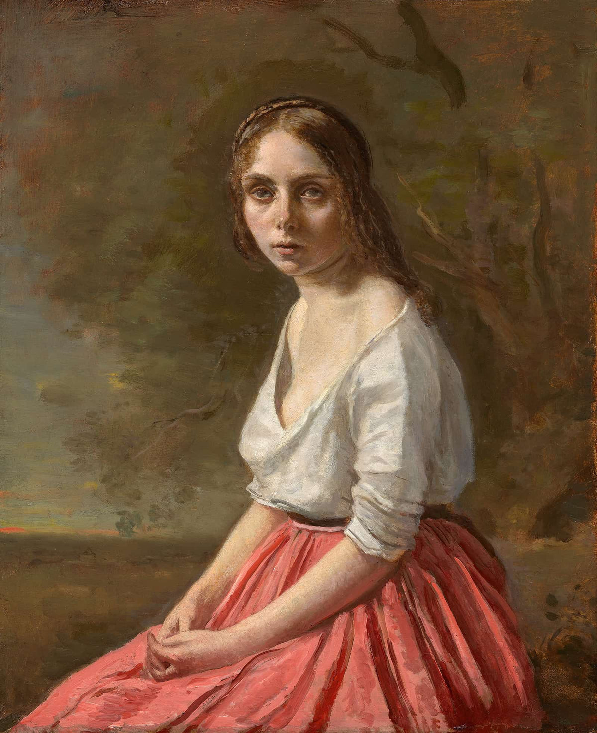 Young Woman In A Pink Skirt   by Jean Baptiste Camille Corot