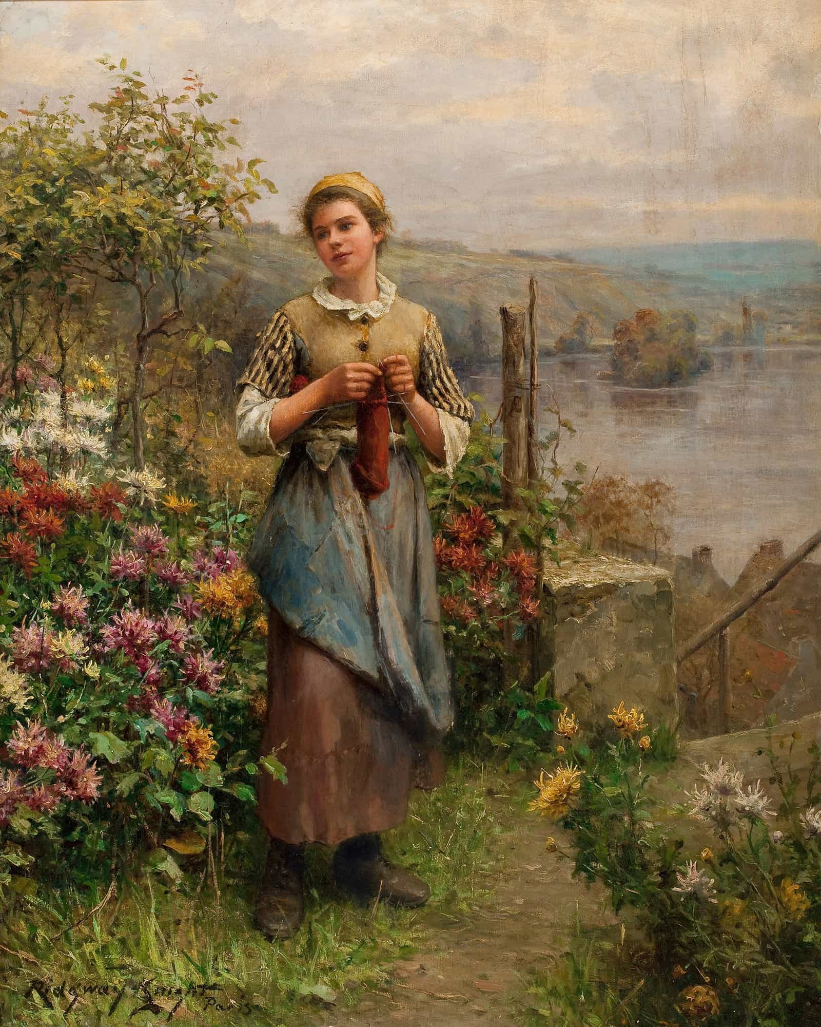 Young Woman Knitting by Daniel Ridgway Knight
