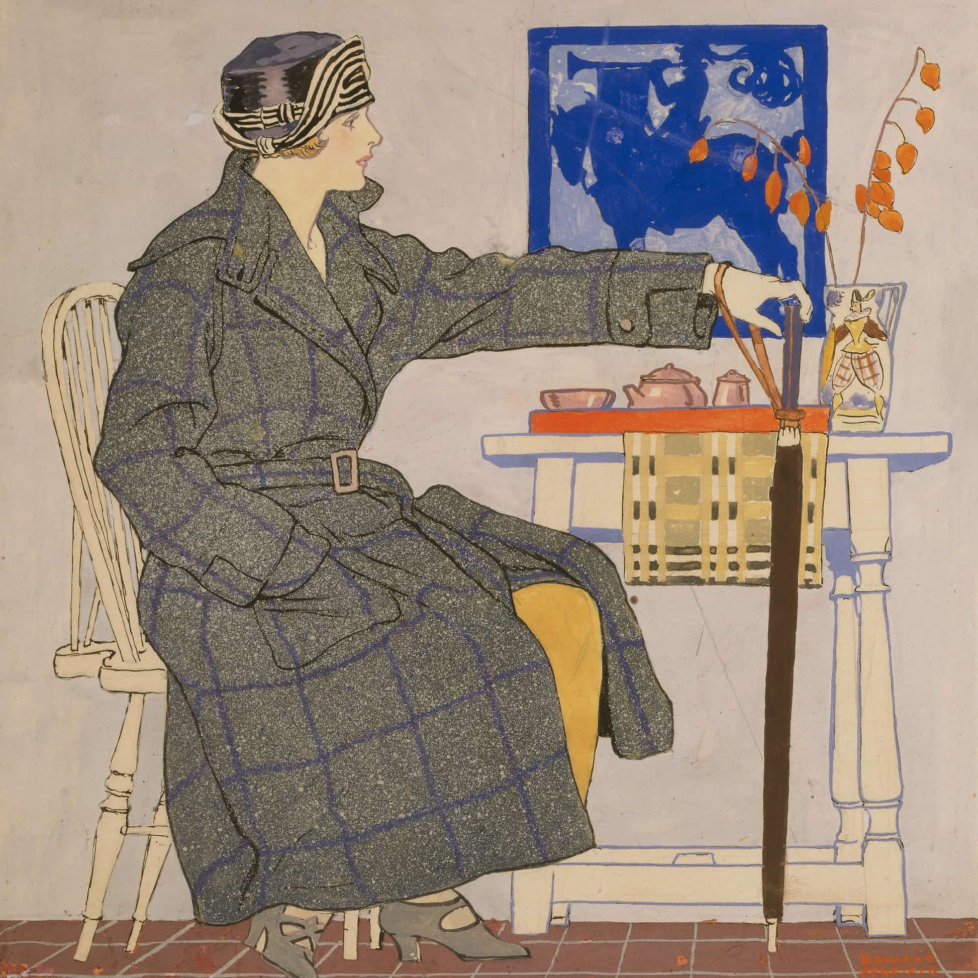 Young Woman Sitting Beside Table Holding Umbrella by Edward Penfield