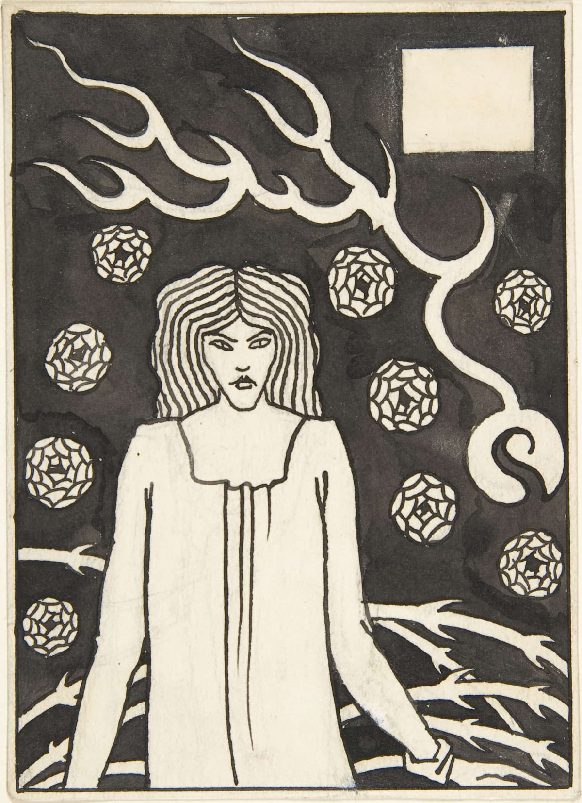 Young Woman Surrounded By Briars Lightning And Roses by Aubrey Vincent Beardsley