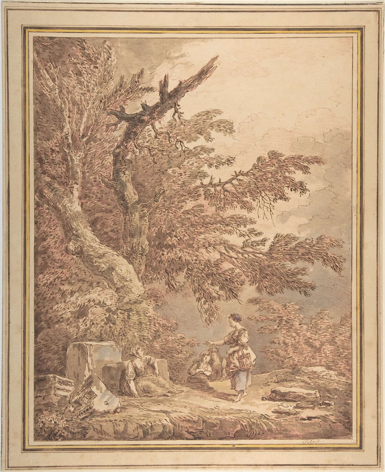 Young Women In A Landscape With Architectural Fragments by Hubert Robert