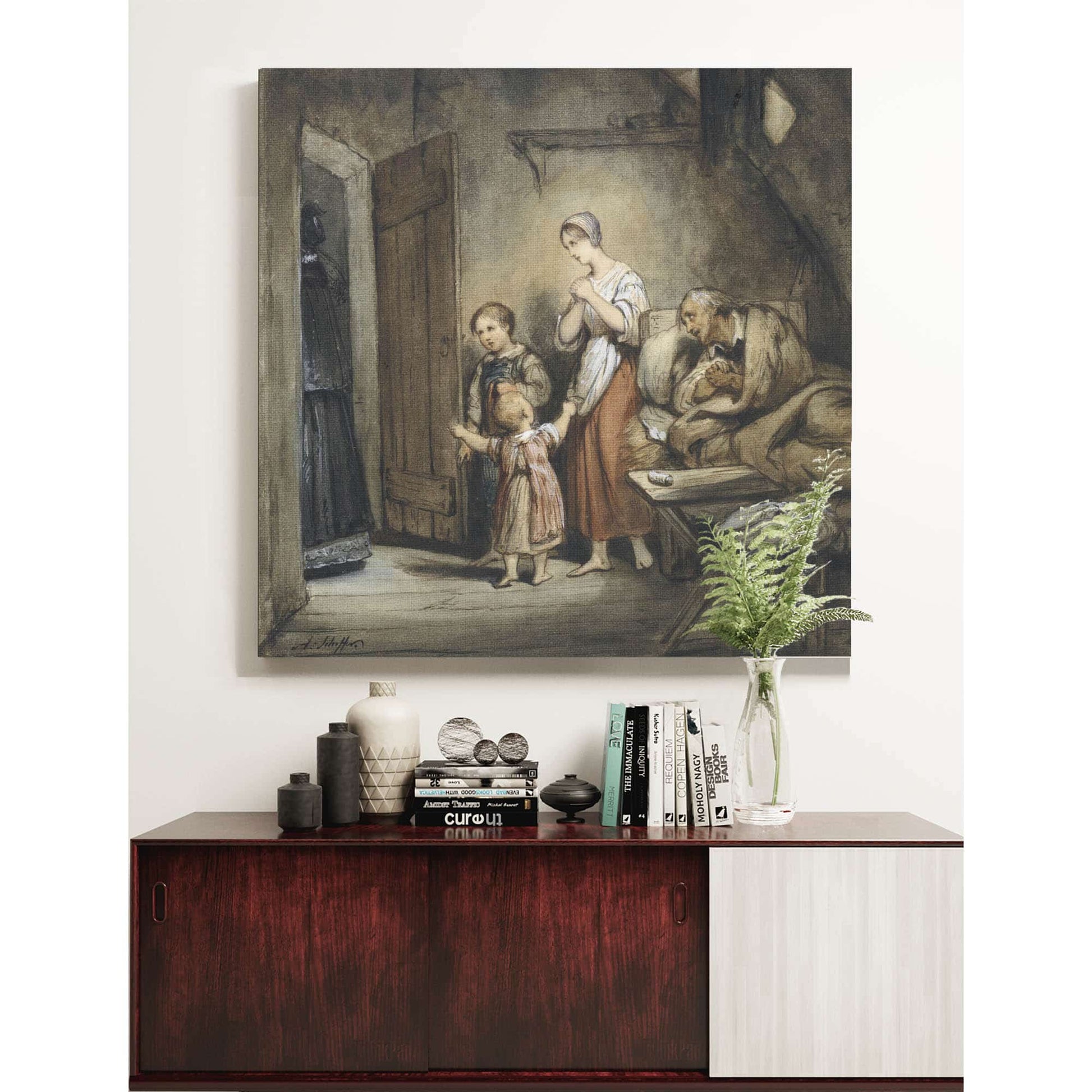 Zieke Man In Bed Met Naast Hem Een Vrouw En Twee Kinderen  by Ary Scheffer