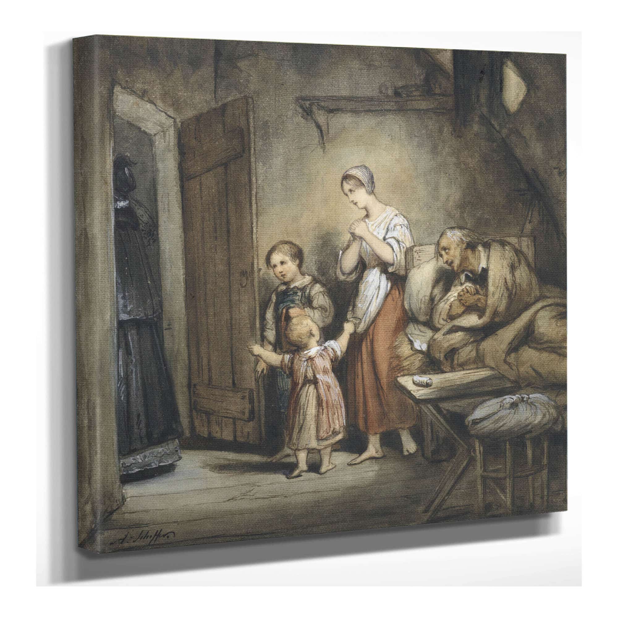 Zieke Man In Bed Met Naast Hem Een Vrouw En Twee Kinderen  by Ary Scheffer