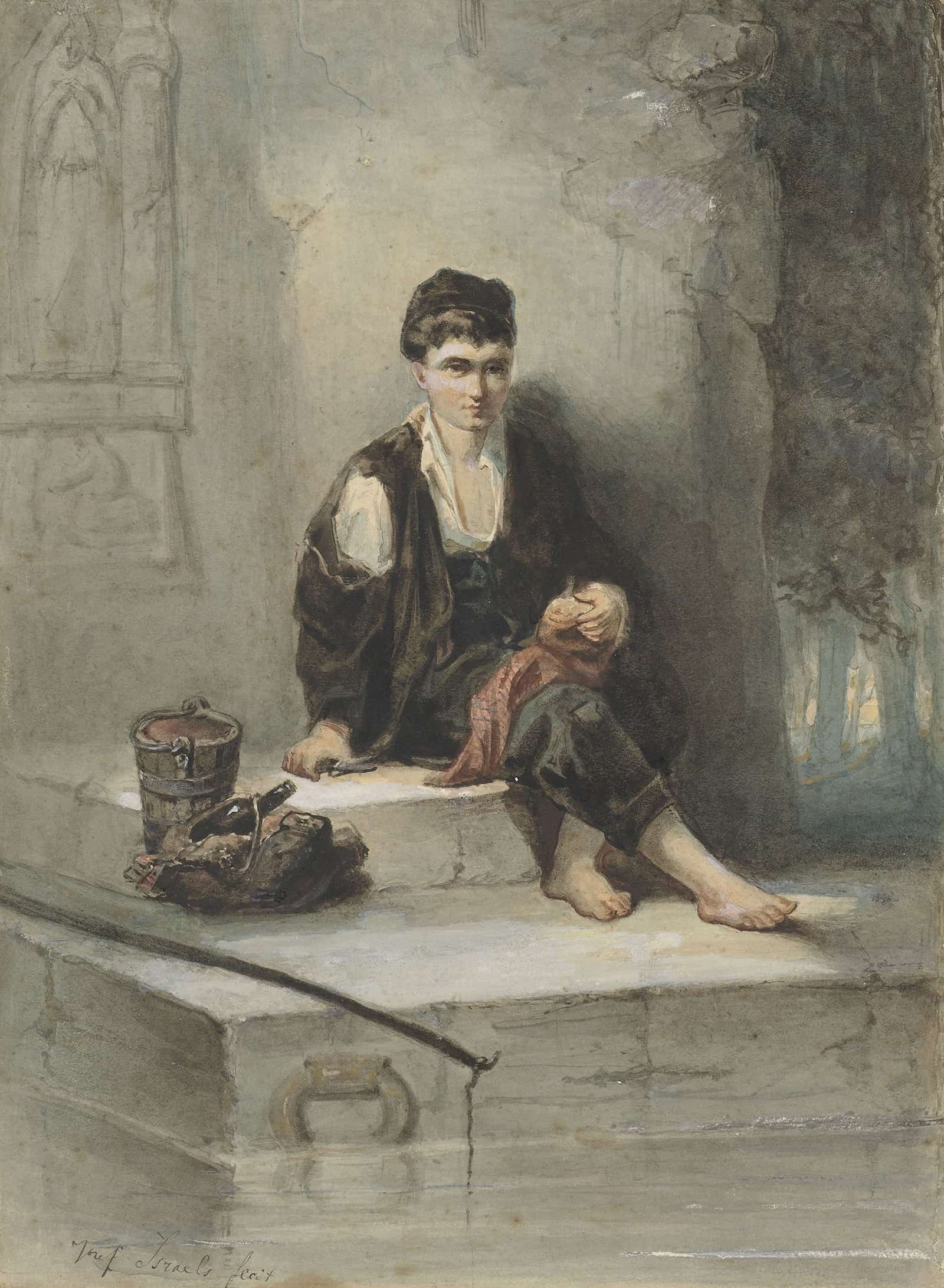 Zittende Vissersknaap Aan Zijn Maaltijd  by Jozef Israels